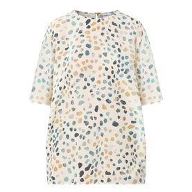 Marella White Pebbles silk shirt with short sleeves, crew neck, and multicolour abstract pebble print throughout