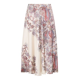 Marella Decano Printed Skirt in cream with paisley floral print, midi length, flared silhouette and satin finish