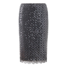Marella medium grey sequin pencil skirt with lace hem trim, knee-length, allover embellishment