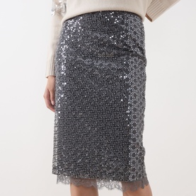 Model wearing Marella medium grey sequin midi pencil skirt, styled with a cream knit top