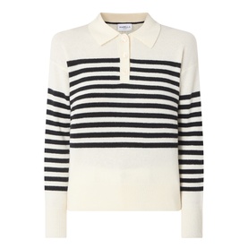 Marella cream and black stripe wool cashmere polo neck knit top with long sleeves and button placket