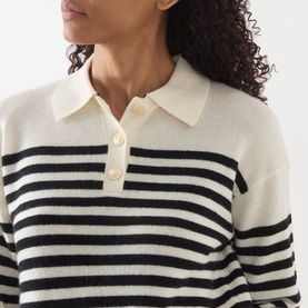 Model wearing Marella cream and navy stripe wool cashmere polo neck knit top with button placket, close-up detail view.