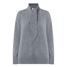 Marella Giochi Tie-Neck Sweater in medium grey, wool-cashmere knit with self-tie neck detail, long sleeves and ribbed trims