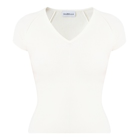Marella Vicario Rib-Knitted Sweater in white, V-neckline, short sleeves, ribbed stretch fabric, straight hem