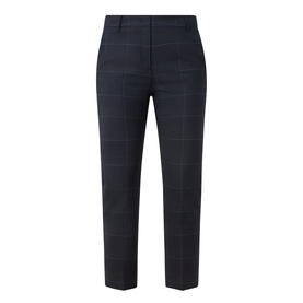 Marella navy check tailored trousers with windowpane pattern, cropped ankle length, flat front and side pockets