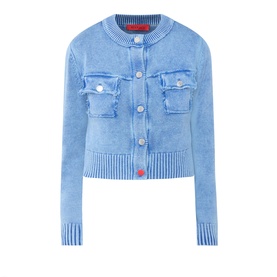 Max&Co Staffa Stone-Washed Cardigan in deep blue, round neck, snap buttons, two flap chest pockets, ribbed trims, stone-washed finish