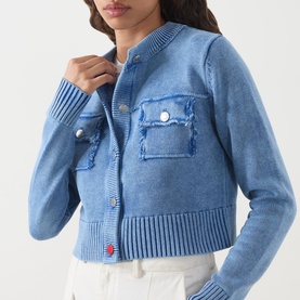Model wearing Max&Co Staffa Stone-Washed Cardigan in deep blue denim with frayed chest pockets, snap buttons and ribbed trim, styled with white