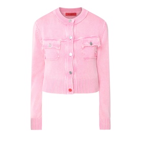 Max&Co Staffa Stone-Washed Cardigan in pink with snap buttons, chest flap pockets, round neckline, and ribbed trims