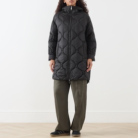 Model wearing Max&Co Vello Quilted Coat in black, featuring onion quilting, hooded neckline and longline silhouette, styled with khaki wide-leg