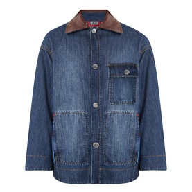 Max&Co navy denim coat with brown leather collar, chest patch pocket, and silver button fastening