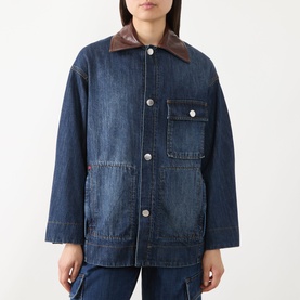 Model wearing Max&Co navy denim coat with brown leather collar, button-front fastening and chest patch pocket