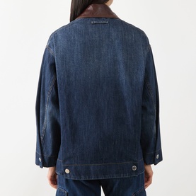 Model wearing Max&Co navy denim jacket, back view, with brown leather collar detail and snap button hem