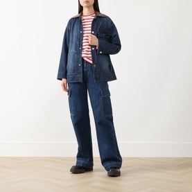 Model wearing Max&Co navy denim coat with leather collar, styled with red striped top and wide-leg cargo jeans