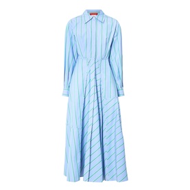 Max&Co Ritmo Stripe Shirt Dress in light blue cotton with diagonal stripes, pointed collar, cinched waist, and flared midi skirt