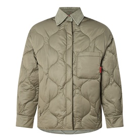 Sage green quilted overshirt jacket with chest pocket, point collar, zip front, and red logo tab detail on sleeve