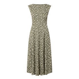 Max&Co Virgola Floral Dress in Kaki Print, sleeveless midi with boat neckline, fitted bodice and flared skirt with ditsy floral pattern