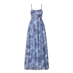 Max&Co light blue floral print maxi dress with spaghetti straps, smocked bodice, and full flowing skirt