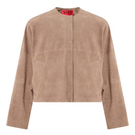 Max&Co turtledove suede goat leather cropped jacket with collarless neckline and hip pockets, front open view