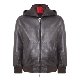 Max&Co dark brown leather hooded jacket with zip fastening, ribbed cuffs and hem, and front patch pockets