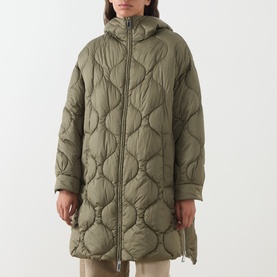 Model wearing Max&Co Vello Quilted Coat in kaki, featuring onion quilting, high-neck hood and two-way front zip fastening