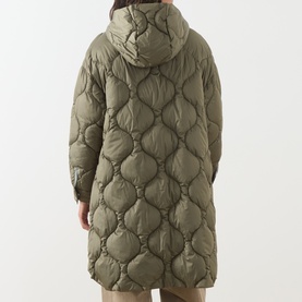 Model wearing Max&Co Vello Quilted Coat in kaki, rear view showing onion quilting, high-neck hood and dipped hem
