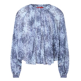Max&Co Ghiglia Printed Blouse in light blue abstract animal print with pleated detail, raglan balloon sleeves, and band collar.