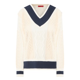 Max&Co Pinne Lace Panel Sweater in Milk Bi, navy V-neck trim, cable-knit and pointelle lace panels, ribbed cuffs and hem