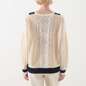 Model wearing Max&Co Pinne Lace Panel Sweater in Milk Bi, back view showing lace inlays, cable-knit stitching and navy ribbed trims