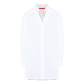 Max&Co Colle Poplin Shirt in white cotton with extended flat collar, V-neckline, long sleeves, and high-low hemline