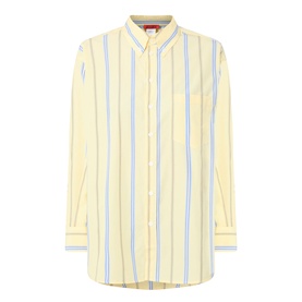 Max&Co Dama Stripe Shirt in yellow with blue vertical stripes, button-down collar, chest pocket, and long sleeves with single cuffs
