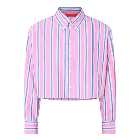 Max&Co pink pinstripe cropped cotton shirt with blue and white stripes, button-front fastening, and buttoned cuffs