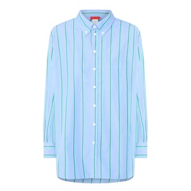 Max&Co Dama Stripe Shirt in light blue with green vertical stripes, button-down collar, chest pocket, and long sleeves with single cuffs.