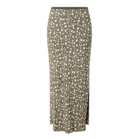 Max&Co Agenda Printed Skirt in Kaki Print, midi length, bias-cut fluid silhouette with elasticated waistband and floral jacquard design