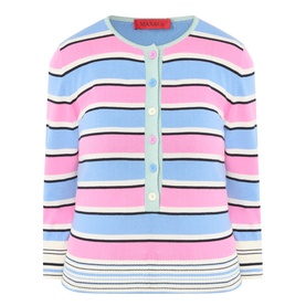 Max&Co Giunto Stripe Henley Top in Pink Pinstripes, round neck, half-button front, three-quarter sleeves, ribbed trims
