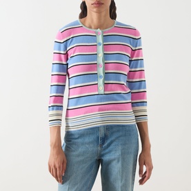 Model wearing Max&Co Giunto Stripe Henley Top in Pink Pinstripes, three-quarter sleeves, button front, styled with blue jeans.