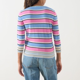Model wearing Max&Co Giunto Stripe Henley Top in Pink Pinstripes, three-quarter sleeves, rear view, styled with light blue jeans.