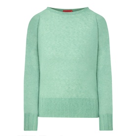 Max&Co Stampa Knit Sweater in green, featuring a rolled boat neckline, dropped shoulders, long sleeves and ribbed trims