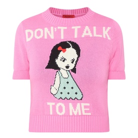 Max&Co Argento Graphic Knit Top in pink jacquard with "Don't Talk To Me" slogan and cartoon girl intarsia, crew neck, short sleeves
