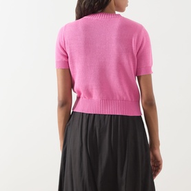 Model wearing Max&Co Argento Graphic Knit Top in Pink Jacquard, rear view, short sleeves, ribbed hem, styled with black midi skirt