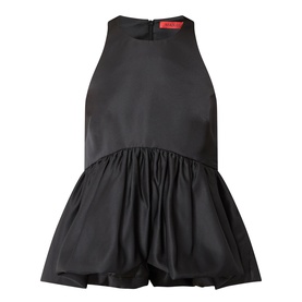 Max&Co Pietre Peplum Top in black satin, sleeveless with round neckline, back zip, and voluminous balloon-hem peplum skirt