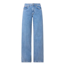 Max&Co Liriche Mid-Rise Wide Leg Jeans in navy, five-pocket style with whiskering, faded details and belt loops, 100% cotton