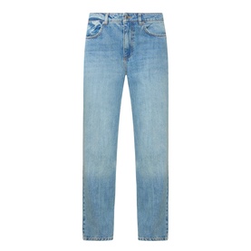 Max&Co navy straight-leg denim jeans in 100% cotton with five-pocket styling and logo detail at waist