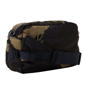 Porter Yoshida bag in woodland khaki camouflage nylon, zip-top closure, adjustable navy buckle strap, compact crossbody style