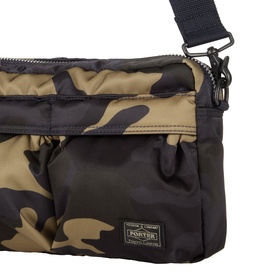 Porter Yoshida Counter Shade Shoulder Bag in Woodland Khaki camo print nylon, gunmetal zip hardware, exterior zipped pockets and logo badge