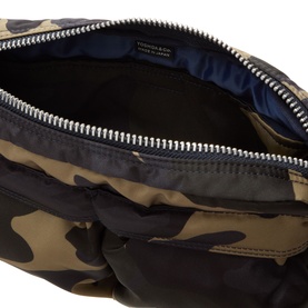 Porter Yoshida Counter Shade Shoulder Bag in Woodland Khaki camo nylon, open to reveal blue lining, silver zip fastening visible