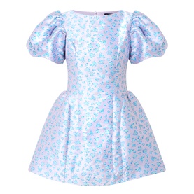 Sister Jane Wisteria Jacquard Mini Dress in floral blue, round neckline, short puff sleeves, voluminous flared skirt, mini length