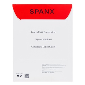 Spanx Very Black tights packaging with red header, highlighting 360&deg; compression, dig-free waistband and cotton gusset features.