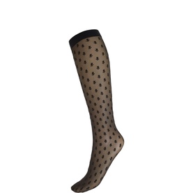 Wolford black sheer knee-high socks with all-over black polka dot pattern and plain black elasticated cuff