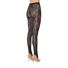 Model wearing Wolford black floral lace tights, sheer all-over pattern, styled with nude heels, rear view.