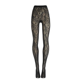 Wolford black floral lace tights with allover rose pattern, sheer coverage, and elasticated waistband, shown flat against white background.